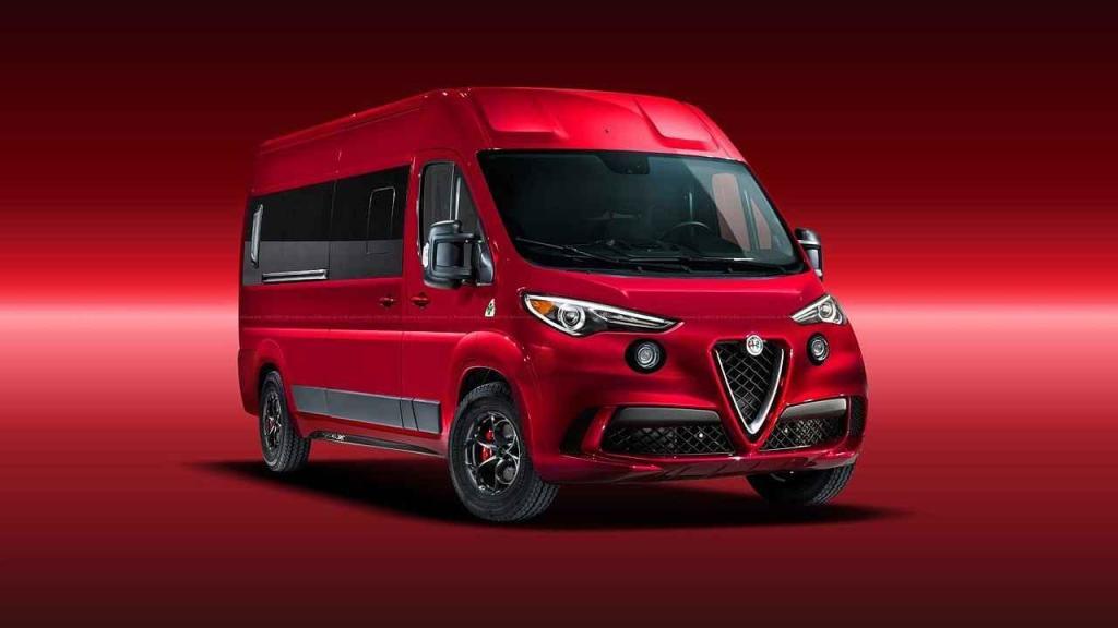 Alfa Romeo. Když už pořádnou velkoprostorovou dodávku od Alfy Romeo, tak samozřejmě ve vrcholné verzi Quadrifoglio s logem čtyřlístku na bocích. Těžko ale říct, jestli má pod kapotou opěvovaný twin-turbo šestiválec. Spíš ne.