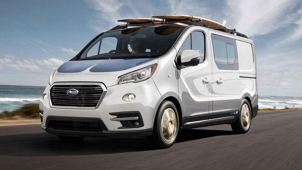 Subaru. Tahle dodávka do Subaru snad už vypadá připravená do produkce. Se surfovými prkny na střeše a „cool“ stylingem pochopitelně míří na mladou generaci.