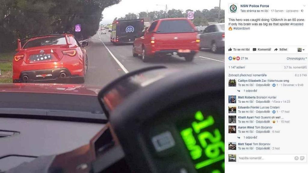 „Tenhle hrdina jel 126 km/h v zóně s osmdesátkou. Kdyby tak byl jeho mozek stejně velký, jako to křídlo. #roasted #zpomal“„Tenhle hrdina jel 126 km/h v zóně s osmdesátkou. Kdyby tak byl jeho mozek stejně velký, jako to křídlo. #roasted #zpomal“