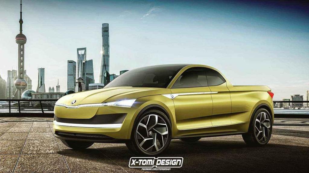 Neoficiální ilustrace konceptu Škoda Vision E s karoserií pick-up.