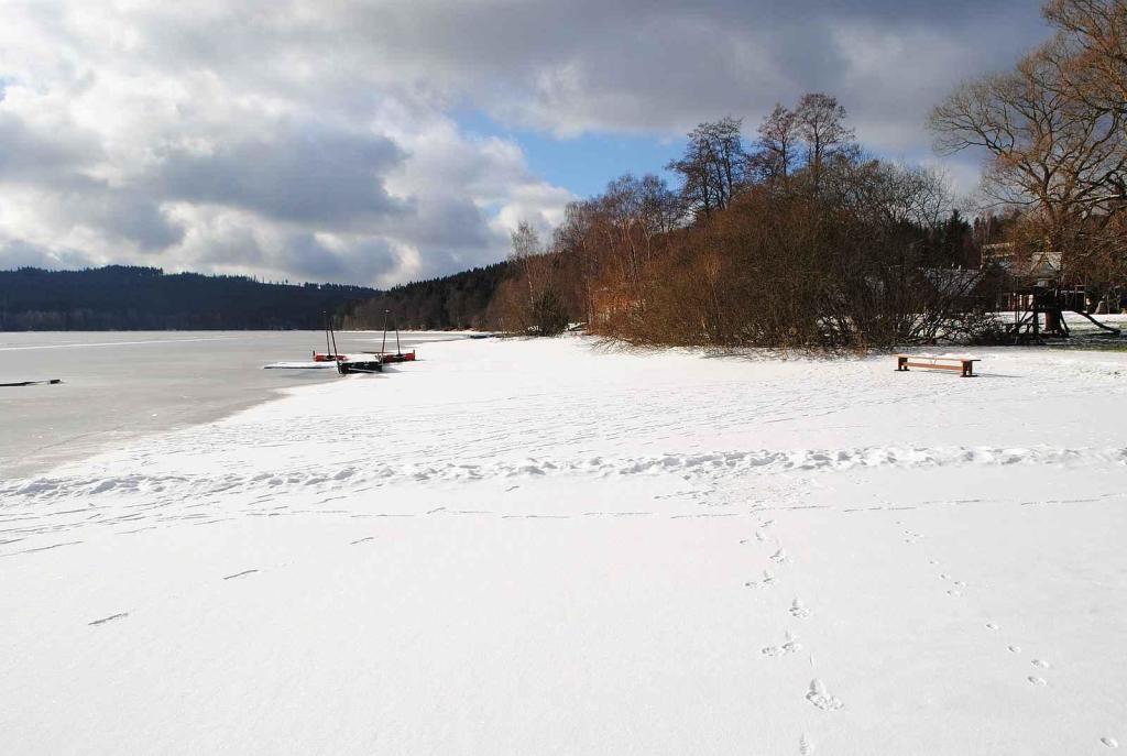 Zamrzlé Lipno u loděnice 19. ledna 2024.