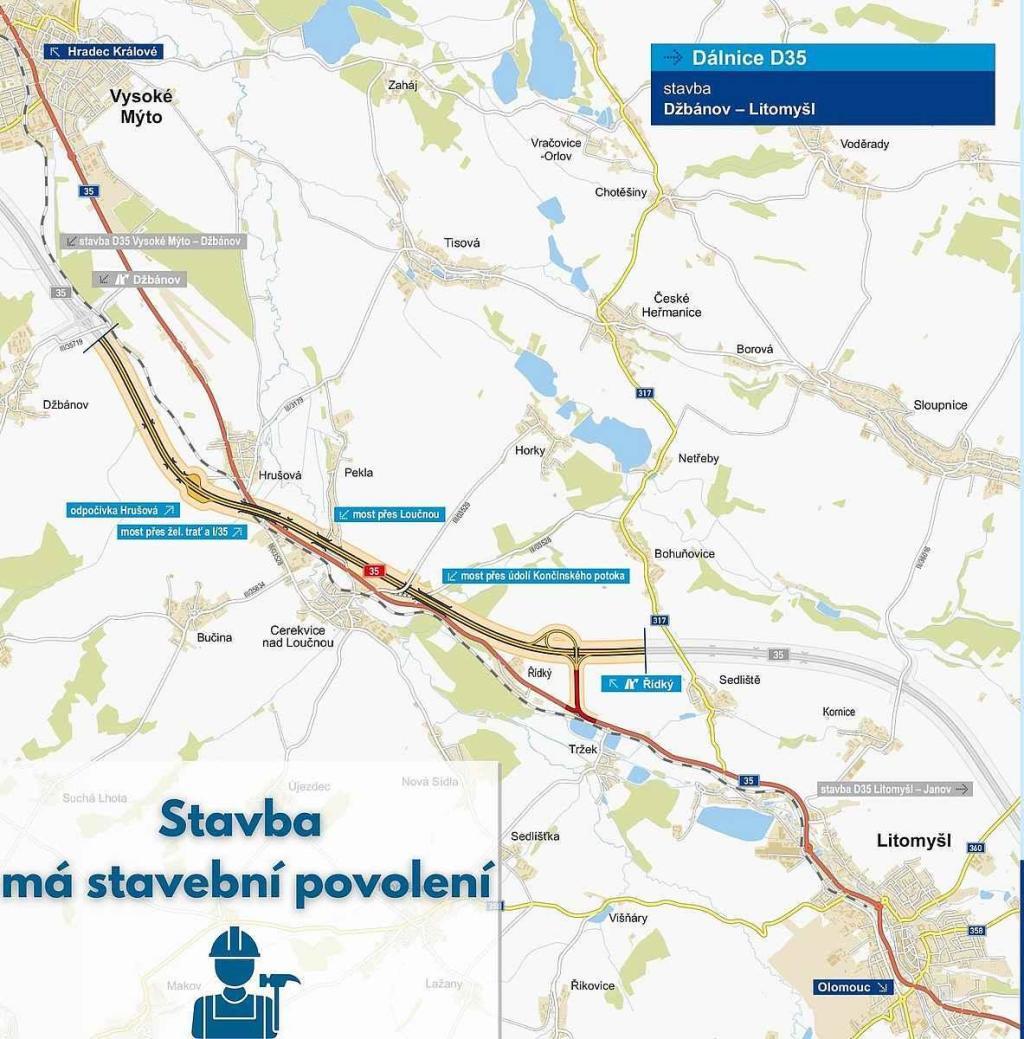 Mapa dálničního úseku D35 Džbánov - Litomyšl.