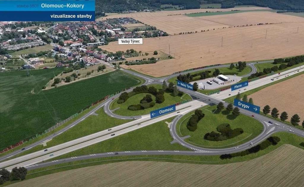 Vizualizace dálnice D55 Olomouc - Kokory. Křížení se silnicí Velký Týnec - Grygov