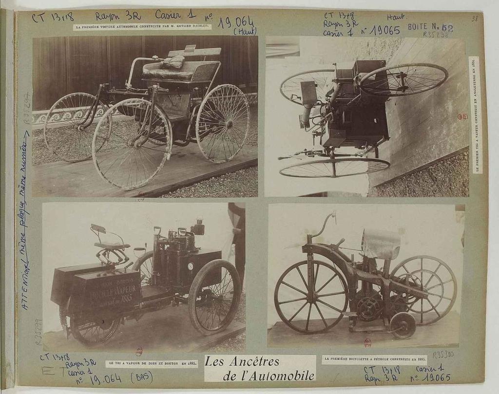 Předci automobilu v albu Julese Beaua. První auto postavené Gotliebem Daimlerem; první parní vozidlo z Anglie 1881; parní tříkolka De Dion a Bouton, 1885 a první motocykl z roku 1885.