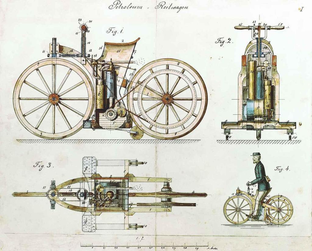 Plán pro patent motocyklu Daimler Retwagen z roku 1885.