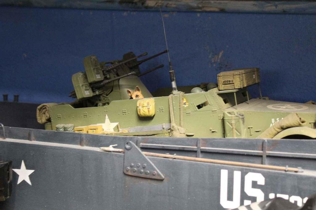 Polopás M3 halftrack ve vyloďovacím člunu s psíkem vykukujím zpoza korby.