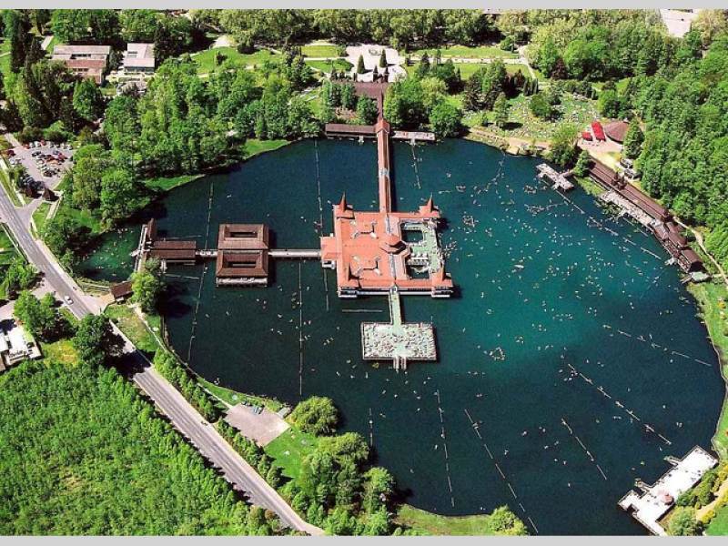 Letecký pohled na jezero Hévíz. Je jako šest fotbalových hřišť.