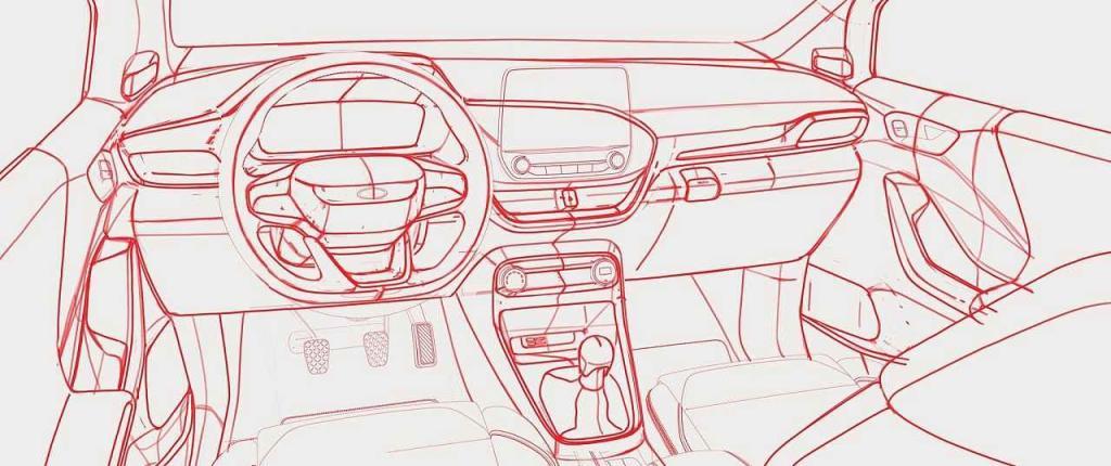 Designér nového modelu značky Ford nejprve na počítači načrtne interiér v červené barvě. Kreslí vždy z pozice řidiče a program mu umožňuje otáčet se kolem dokola i nahoru a dolů.