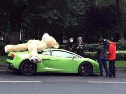 Číňan vezl na střeše Lamborghini obřího plyšáka. Dostal za to pokutu.